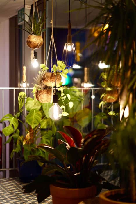 Hanging baskets and lights on porch